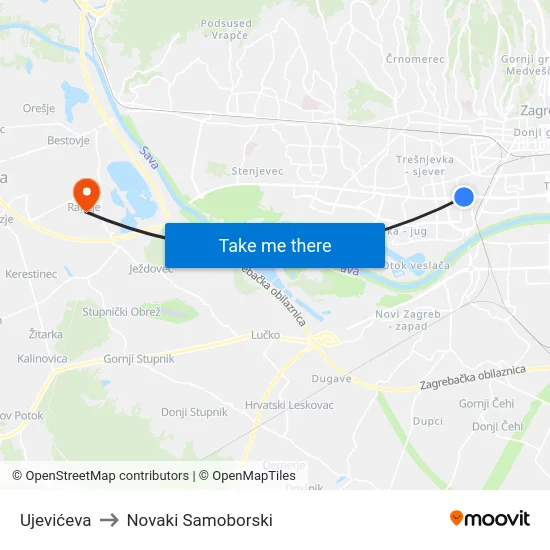 Ujevićeva to Novaki Samoborski map