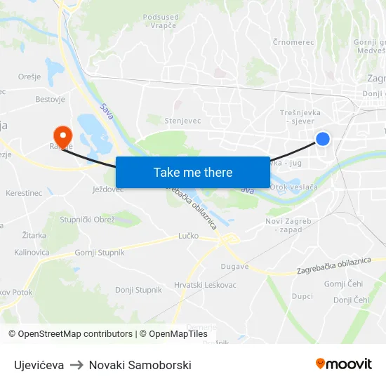 Ujevićeva to Novaki Samoborski map