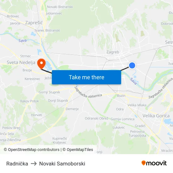 Radnička to Novaki Samoborski map
