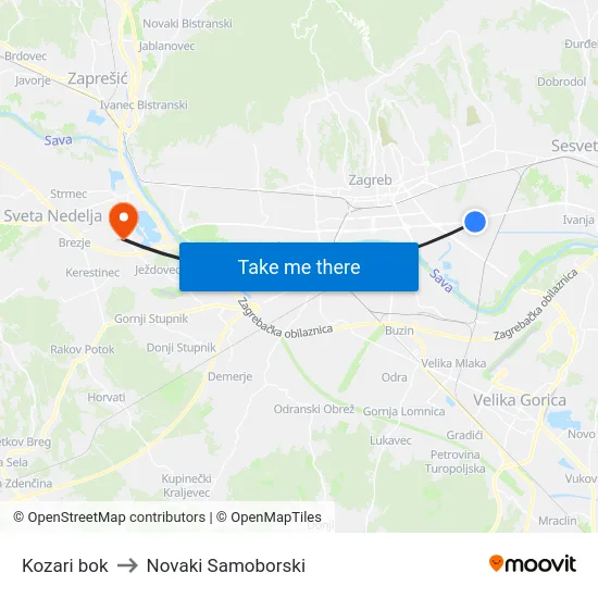 Kozari bok to Novaki Samoborski map