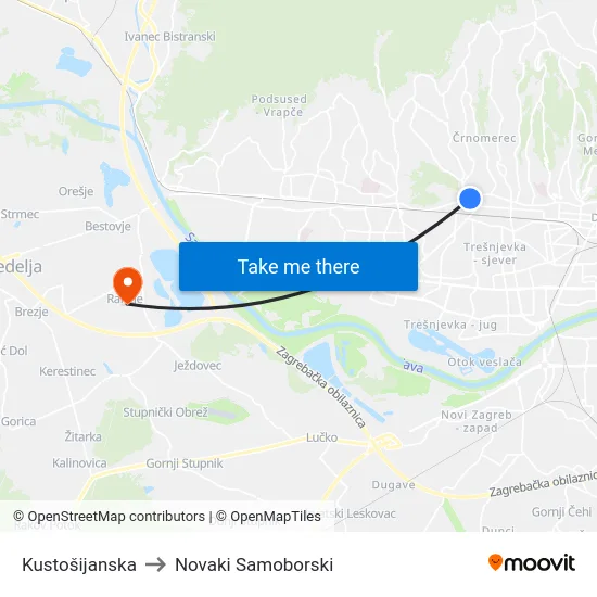 Kustošijanska to Novaki Samoborski map