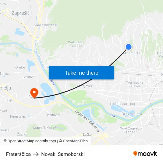 Fraterščica to Novaki Samoborski map