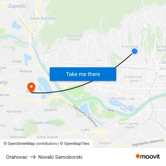 Orahovac to Novaki Samoborski map