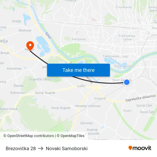 Brezovička 28 to Novaki Samoborski map