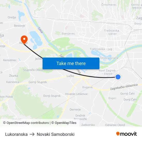 Lukoranska to Novaki Samoborski map
