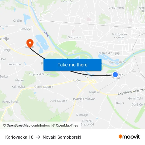Karlovačka 18 to Novaki Samoborski map