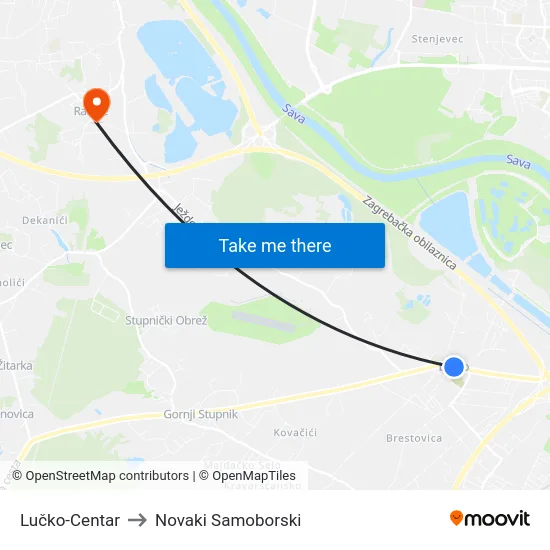 Lučko-Centar to Novaki Samoborski map