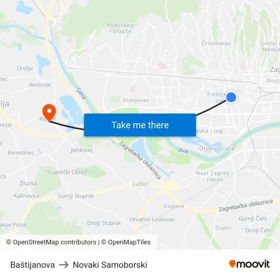 Baštijanova to Novaki Samoborski map