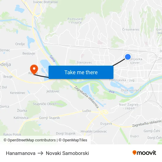 Hanamanova to Novaki Samoborski map