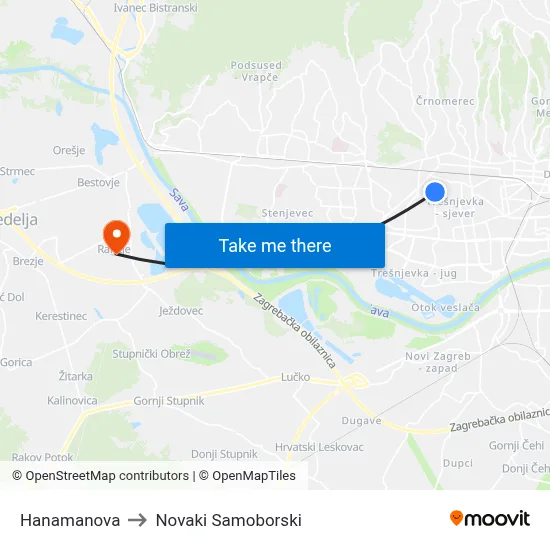 Hanamanova to Novaki Samoborski map