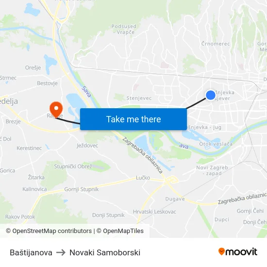 Baštijanova to Novaki Samoborski map