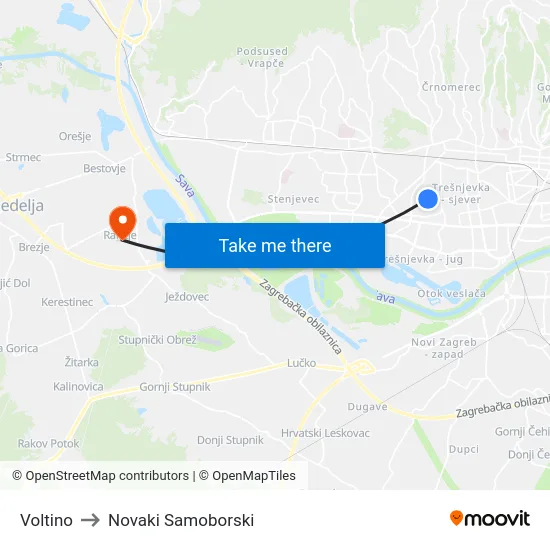 Voltino to Novaki Samoborski map