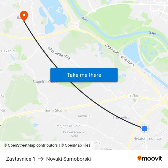 Zastavnice 1 to Novaki Samoborski map