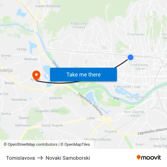 Tomislavova to Novaki Samoborski map