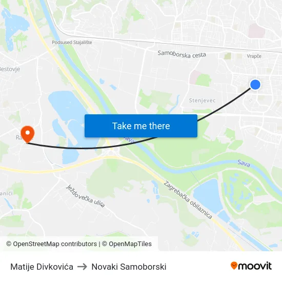 Matije Divkovića to Novaki Samoborski map