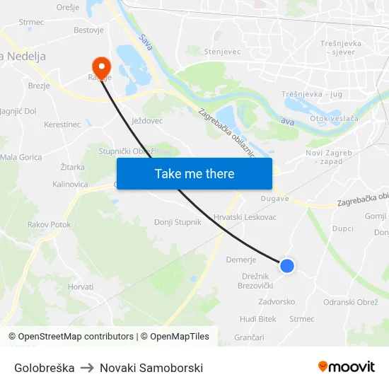 Golobreška to Novaki Samoborski map