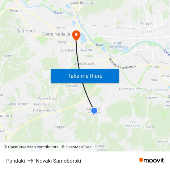 Pandaki to Novaki Samoborski map