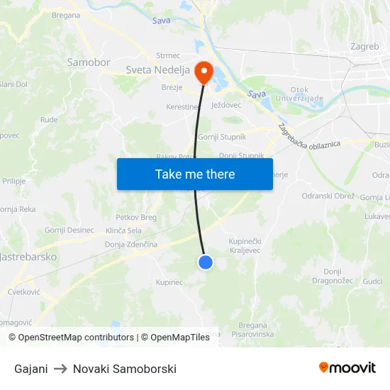 Gajani to Novaki Samoborski map