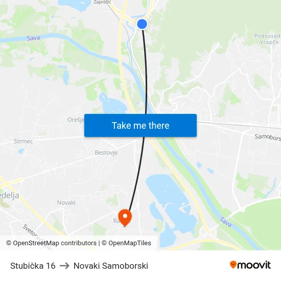 Stubička 16 to Novaki Samoborski map