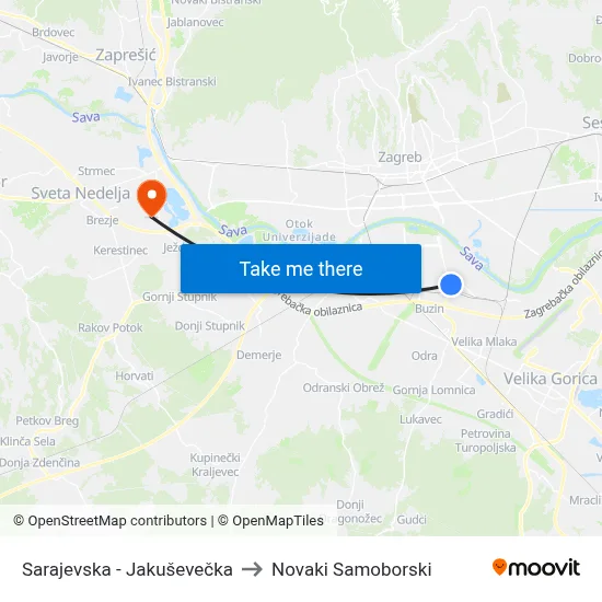 Sarajevska - Jakuševečka to Novaki Samoborski map