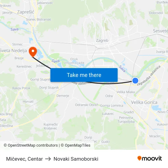 Mičevec, Centar to Novaki Samoborski map