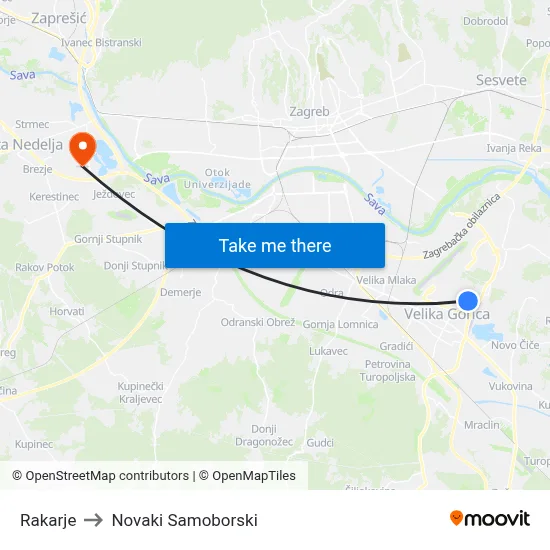 Rakarje to Novaki Samoborski map