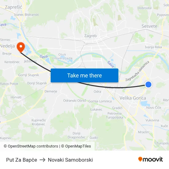 Put Za Bapče to Novaki Samoborski map