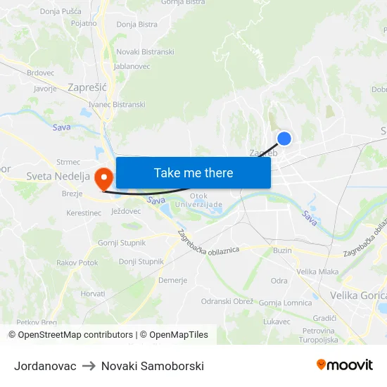 Jordanovac to Novaki Samoborski map