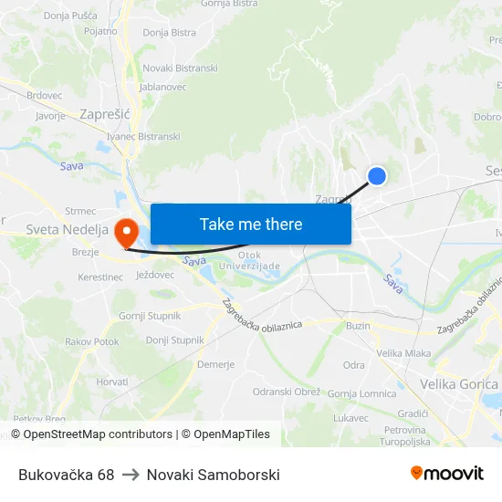 Bukovačka 68 to Novaki Samoborski map
