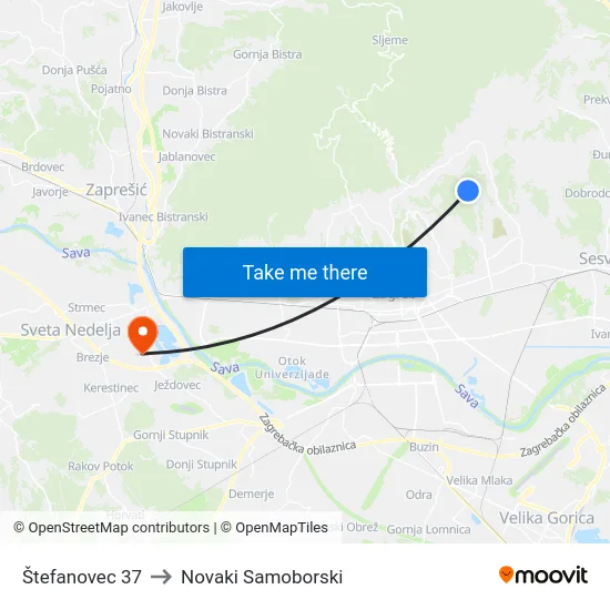 Štefanovec 37 to Novaki Samoborski map