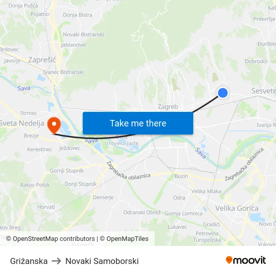 Grižanska to Novaki Samoborski map