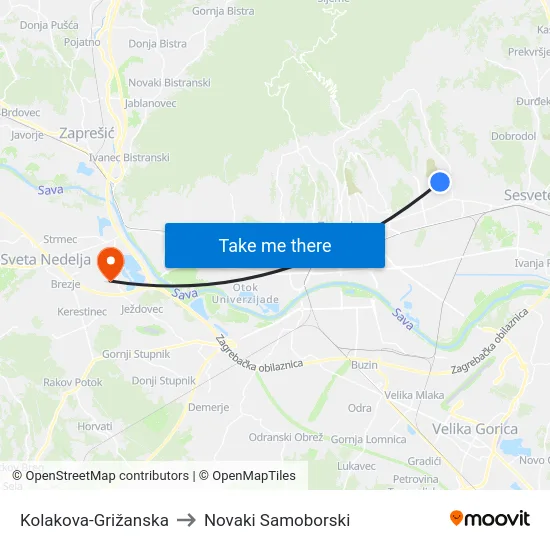 Kolakova-Grižanska to Novaki Samoborski map