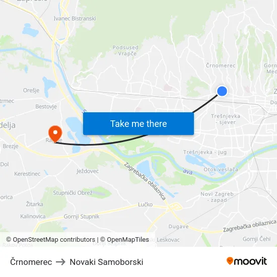 Črnomerec to Novaki Samoborski map