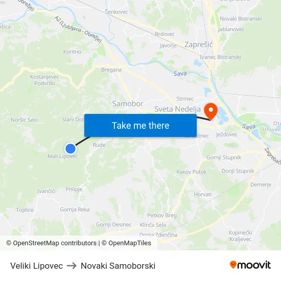 Veliki Lipovec to Novaki Samoborski map