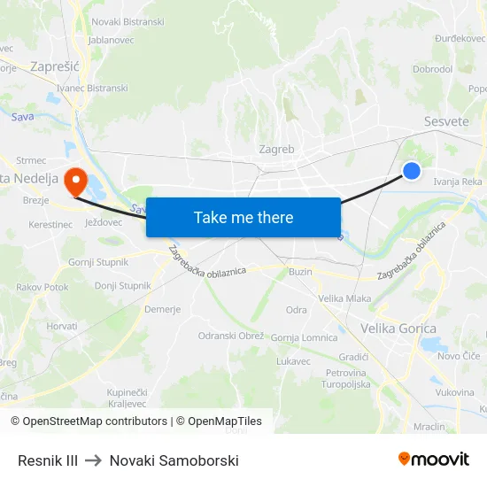 Resnik III to Novaki Samoborski map
