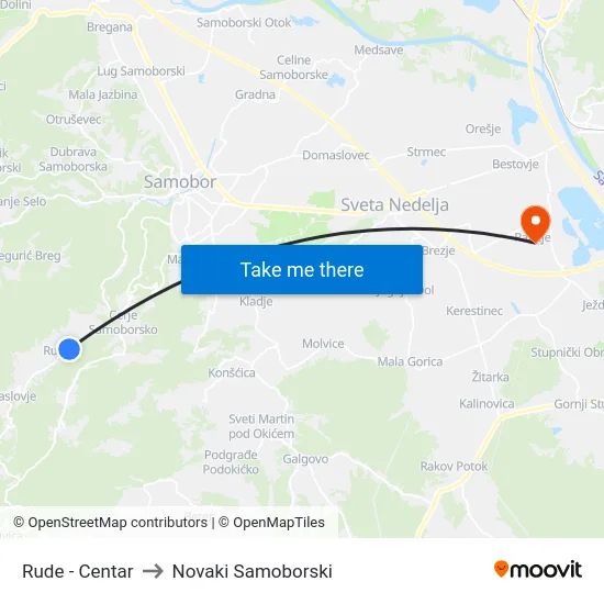 Rude - Centar to Novaki Samoborski map