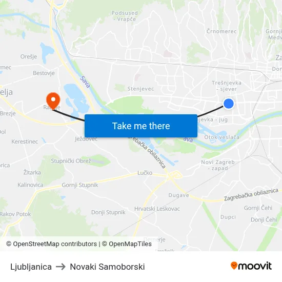 Ljubljanica to Novaki Samoborski map