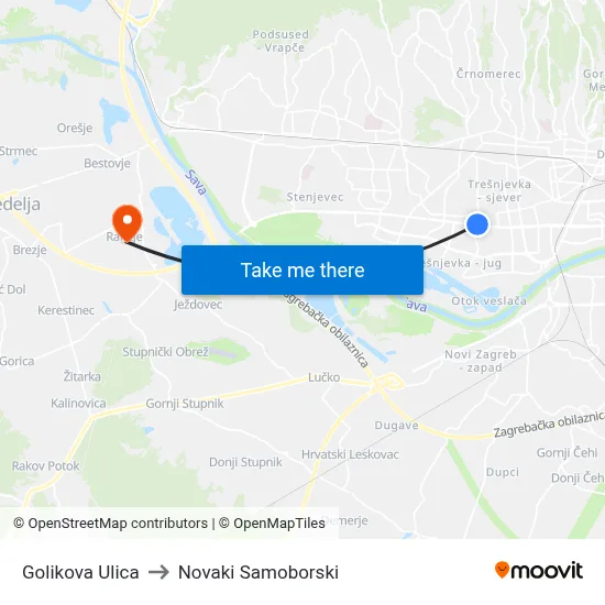 Golikova Ulica to Novaki Samoborski map
