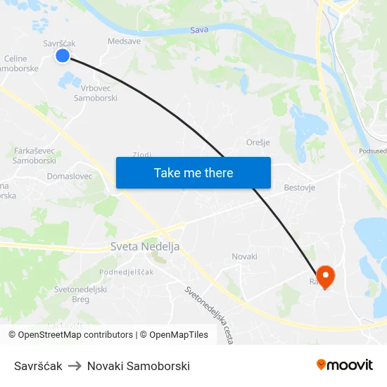 Savršćak to Novaki Samoborski map
