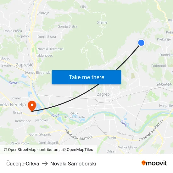 Čučerje-Crkva to Novaki Samoborski map