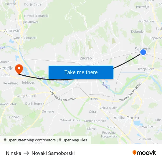 Ninska to Novaki Samoborski map