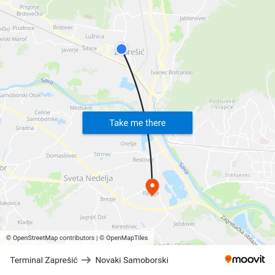 Terminal Zaprešić to Novaki Samoborski map