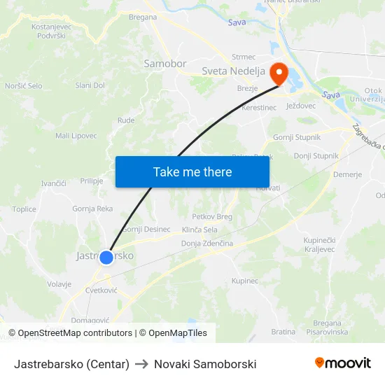 Jastrebarsko (Centar) to Novaki Samoborski map