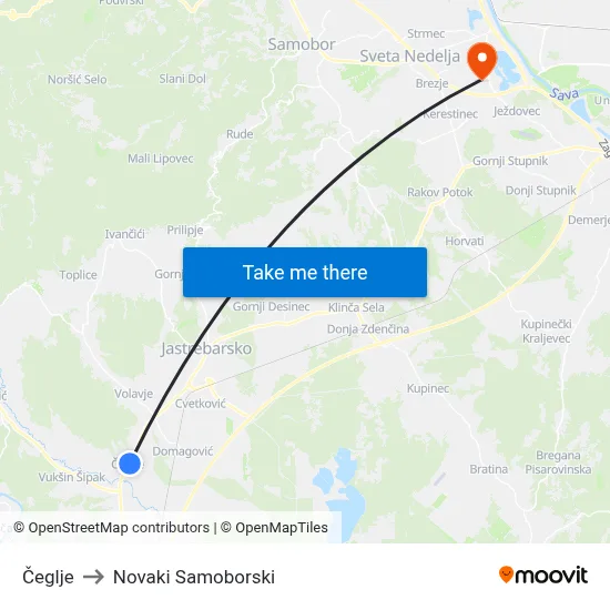 Čeglje to Novaki Samoborski map