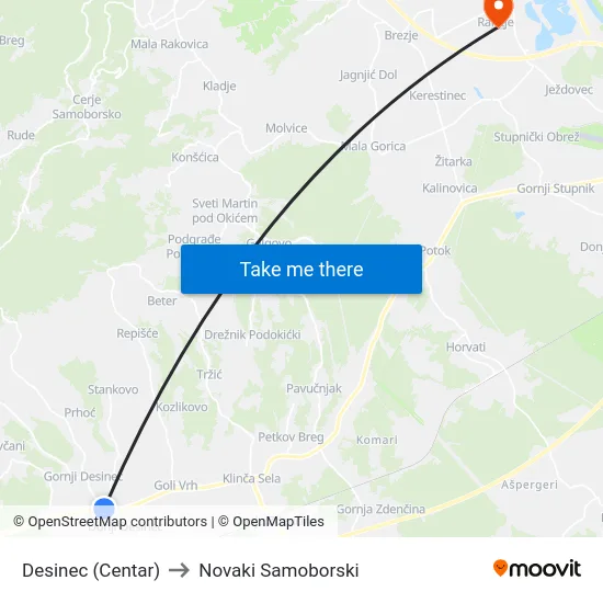 Desinec (Centar) to Novaki Samoborski map