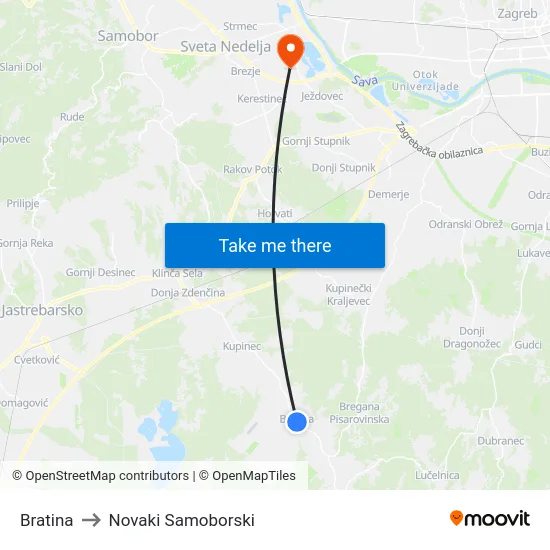 Bratina to Novaki Samoborski map