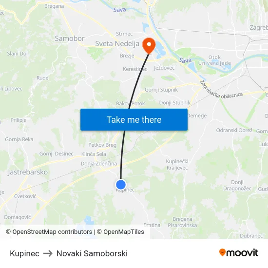 Kupinec to Novaki Samoborski map