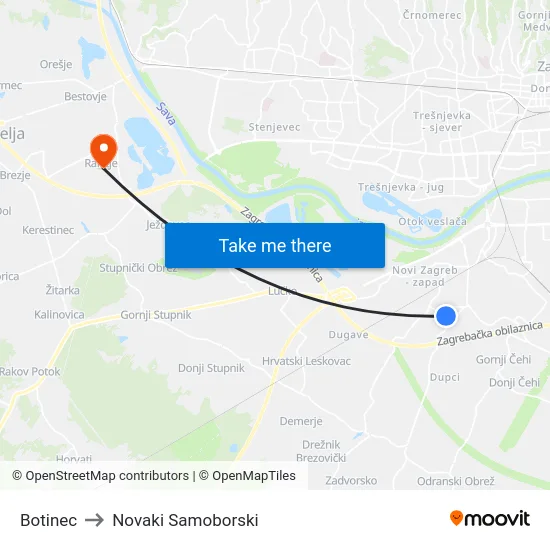 Botinec to Novaki Samoborski map