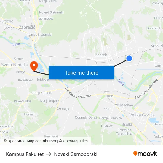 Kampus Fakultet to Novaki Samoborski map