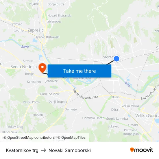 Kvaternikov trg to Novaki Samoborski map